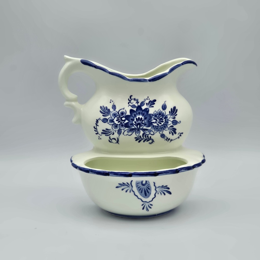 Vintage Victorian Style Delft Blue Wall Pocket Pitcher and Wash Basin Planter 6"